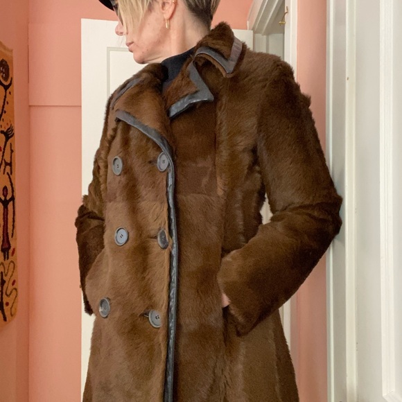 Derek Lam Brown Double-Breasted Women's Fur and Leather Car Coat sz 4 - Picture 2 of 15